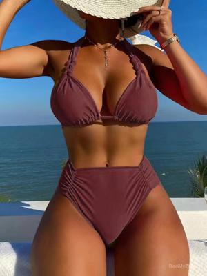 2024 Sexy bikiny Dámské Hnědé s halter krkem Brazilské plavky Dámská skládaná sada bikin Černé Push-up plavky Plážové oblečení Plavky