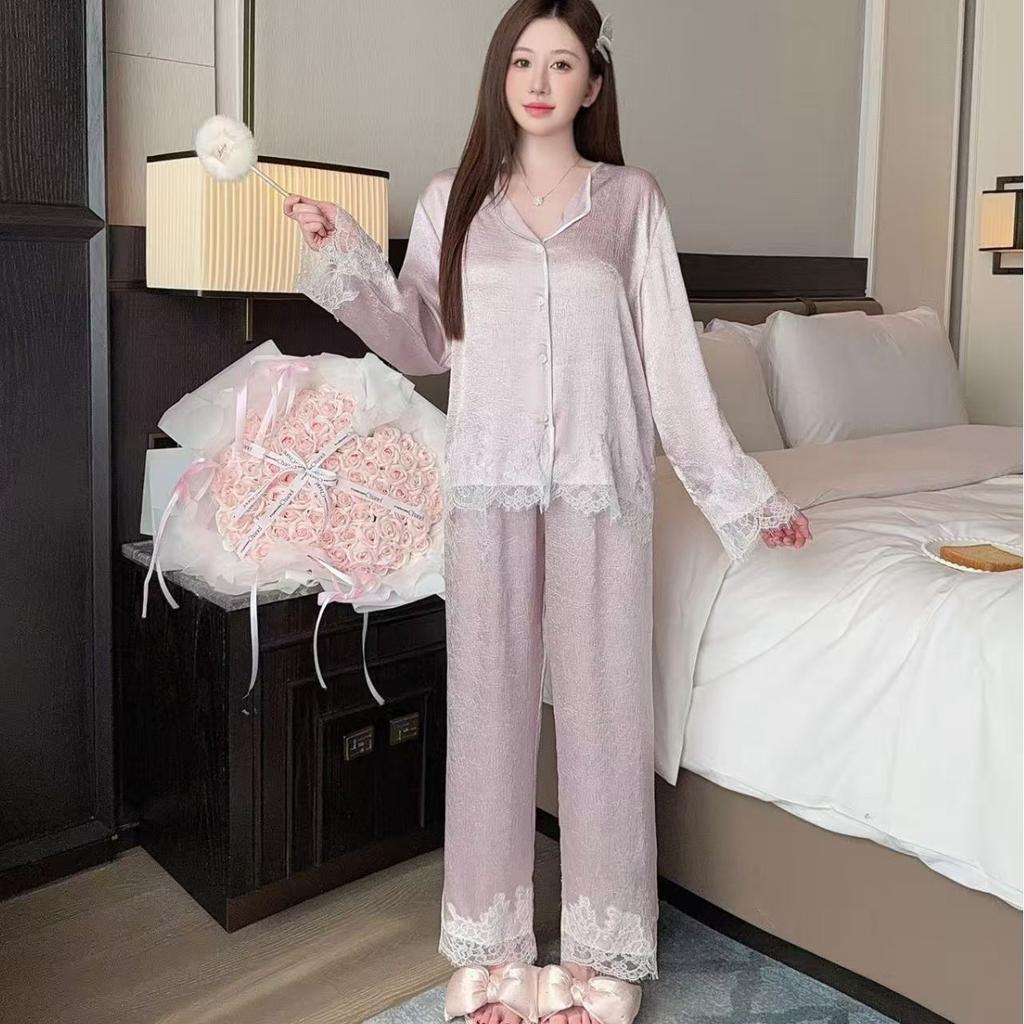 Pajamas women's spring 1011 new high-end scratching flower acetic acid long-sleeved beautiful lace gentle light luxury loungewear