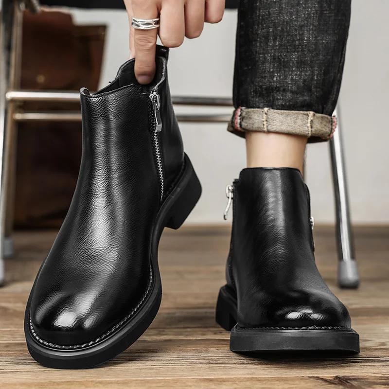 Pánské kožené módní elegantní kotníkové boty na zip Pánské Chelsea boty se špičatou špičkou Anglické kluzké kožené boty Společenské boty