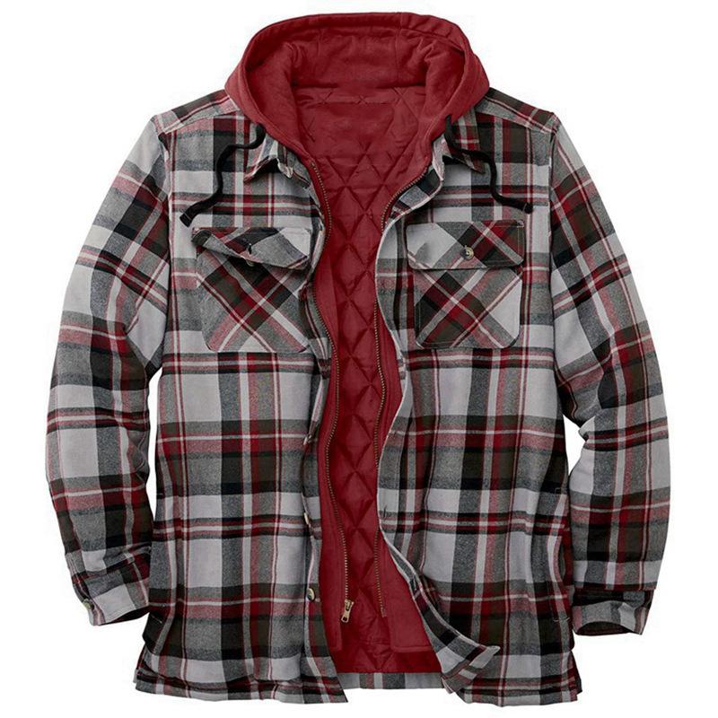 Giacca con cappuccio in flanella trapuntata casual da uomo, morbida e calda, a maniche lunghe, con cerniera, a quadri, per uomo, con cappuccio invernale, cappotto, capispalla