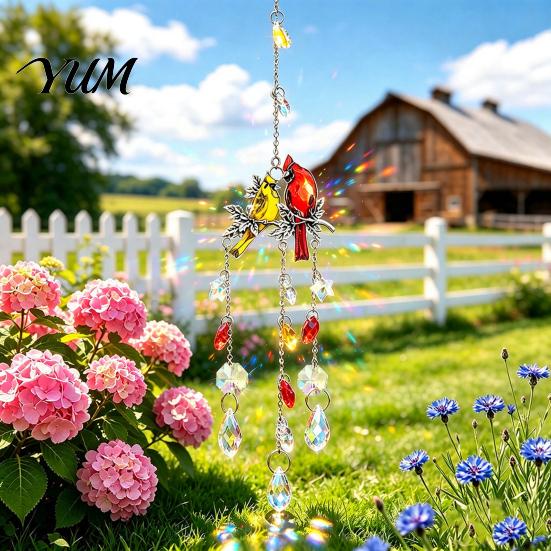 Sparkling Window Pendant Cardinals Faux Crystals Suncatcher, Hanging Sun Catcher for Windows, Bird Wind Crystal Suncatcher Windows Chimes with Chain,