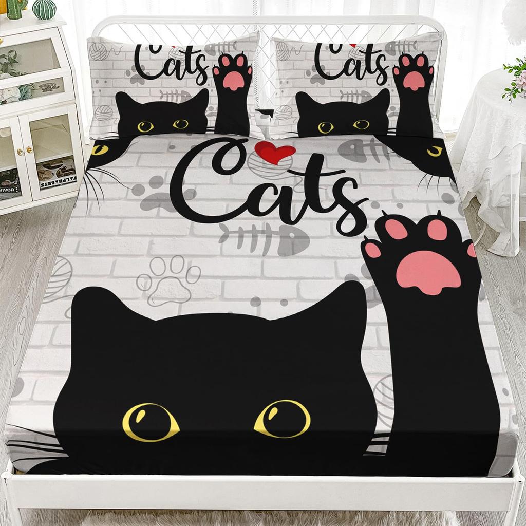 Cartoon Cat Pattern Bed Hat Three-Piece Digital Printing Bedding Bed Hat Three-Piece Set Children And Adults
