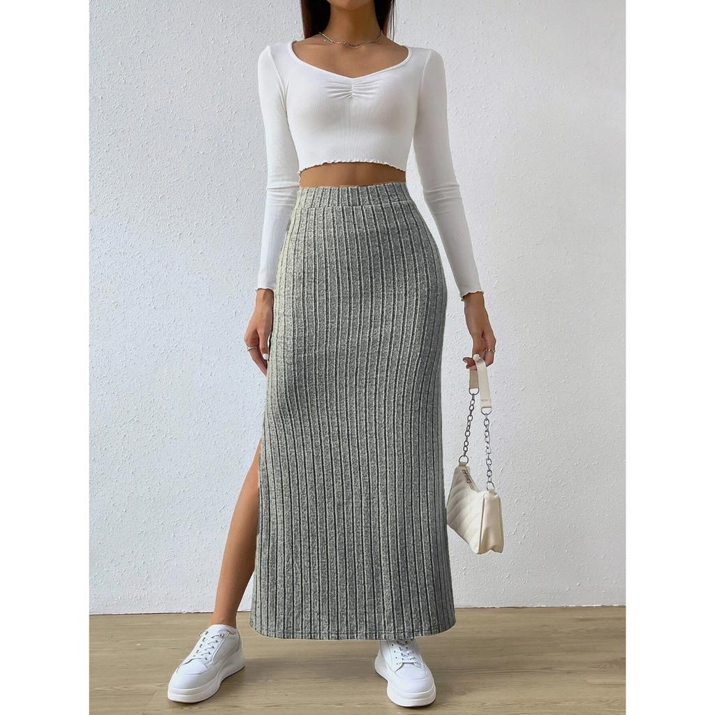 GMXIA Spring Summer High-waisted Side-slit Fitted Knitted Solid Color Women's Skirt