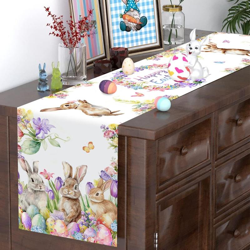 Vintage Easter Bunny Table Runner Polyester Rabbit Eggs Flower Table Flag Easter Decorations For Home Kitchen Dining Table Decor