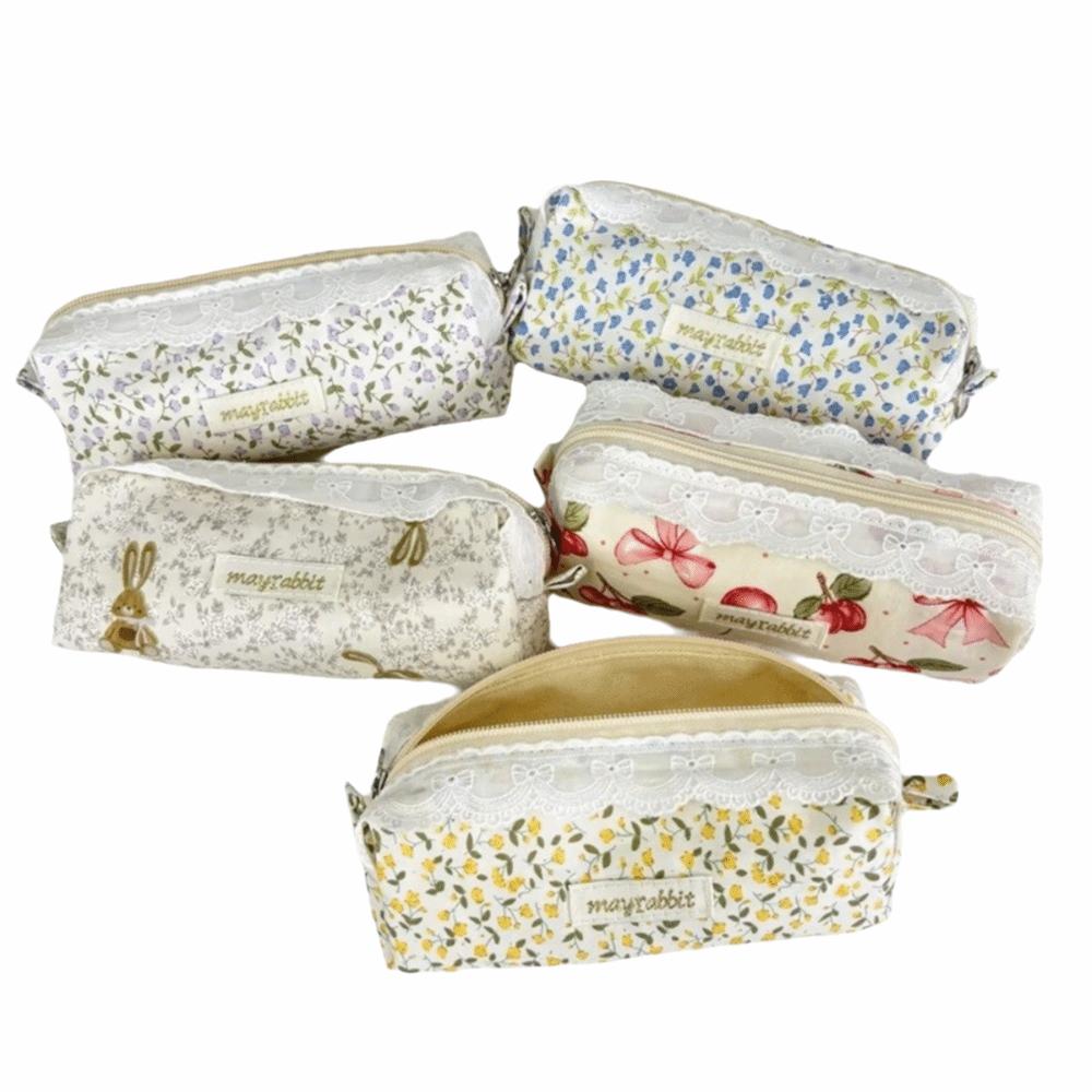 Cotton Pencil Pouch Zipper Stationery Pouch Portable Floral Pencil Case Office Stationery