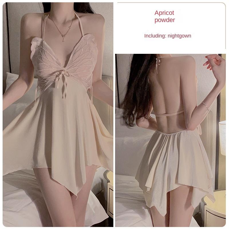 

Сексуальные накладки на грудь из ледяного шелка с открытой спиной, бретельки с бантом, пижамы, пижамы, комплект домашней одежды M