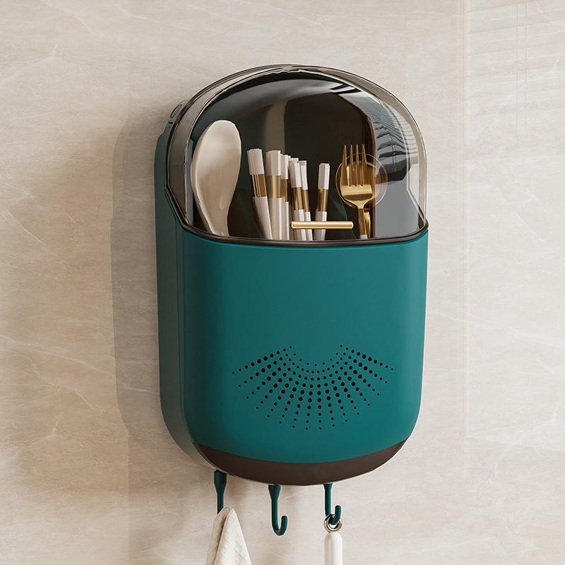Kitchen Cutlery Storage Box Wall Mount Tableware Storage Holder With Lid Dustproof Spoon And Chopstick Organizer Drain Racks