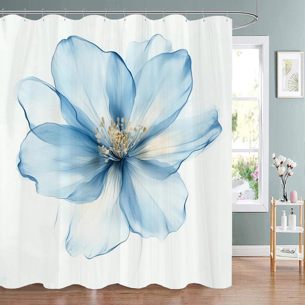 Beautiful Blue Flowers Shower Curtain, Floral Art Bathroom Decorative Shower Curtain, Print Polyester Fabric Curtain with Hooks
