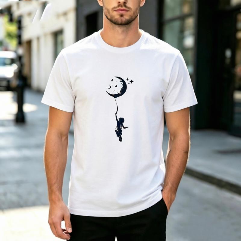 Minimalist Silhouette Art Kid Hanging Moon Balloon Star Graphic Short Sleeve T Shirt Unisex Unisex Cotton Daily Dream Street Casual