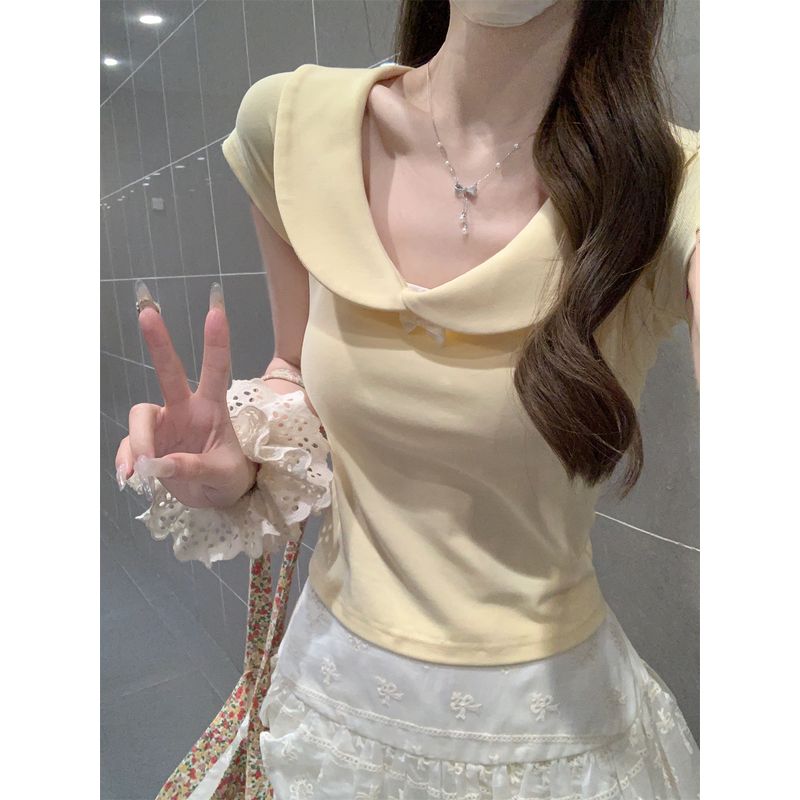 Kumikumi Sweet Style Cute Doll Collar Short sleeve T-shirt Women clothes Summer Slimming All-Match Age-Reducing Chic Top