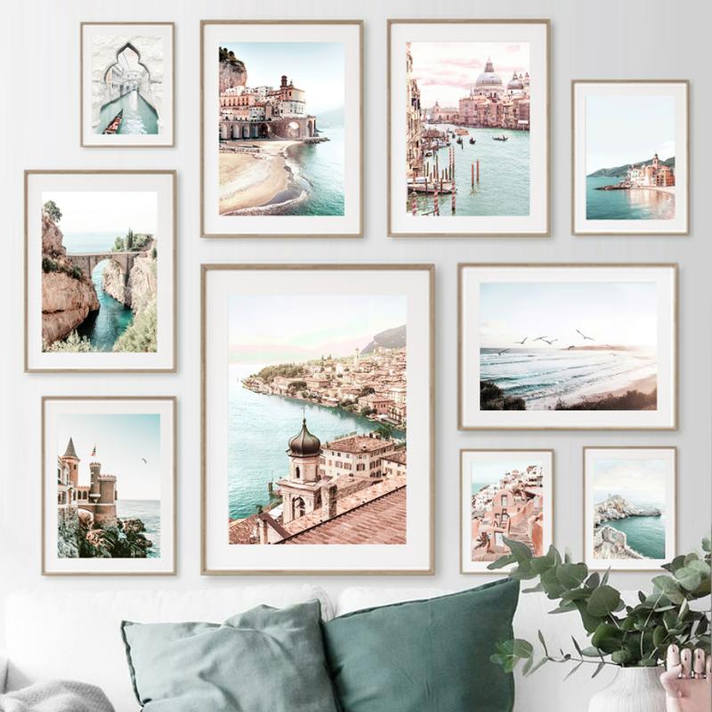 Venice Amalfi Coastal City Poster River Waterfall Canvas Painting Nordic Bedroom Art Wall Picture For Livingroom Home Decoration