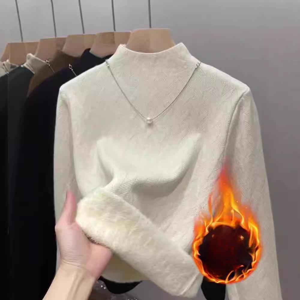 Women's One-piece Velvet Warm Semi High Neck Knitted Sweater with Long Sleeves Inside Casual Loose Pullover for Autumn and Winter