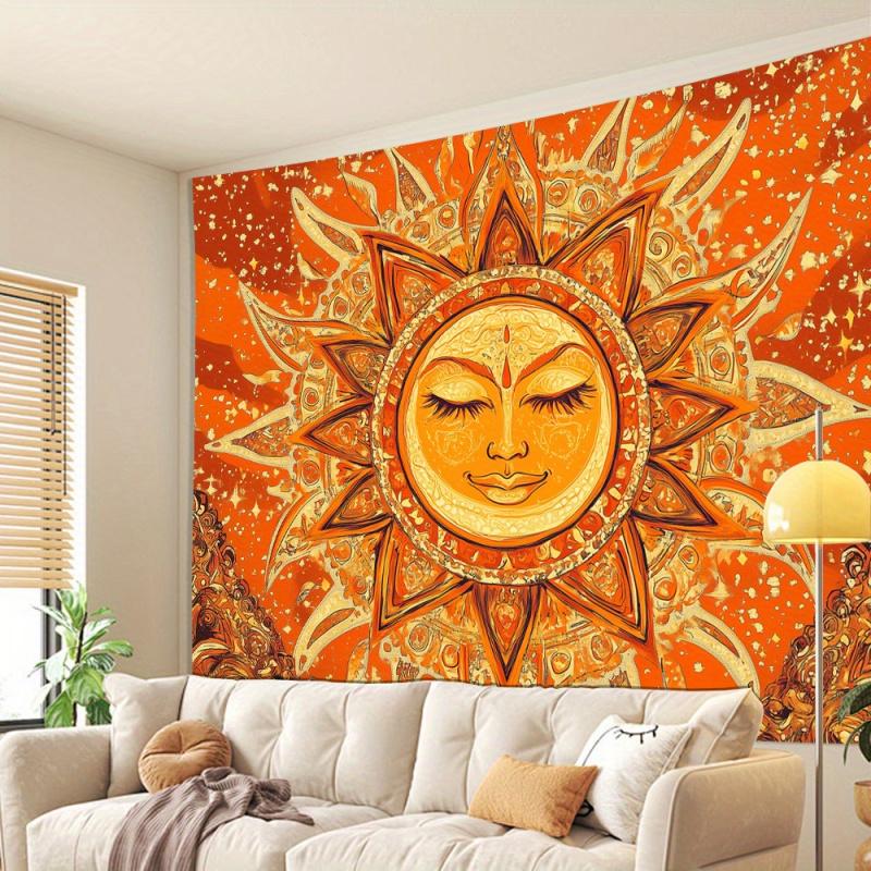 VIKAMA Bohemian Sun God Tapestry Orange Gold Retro Art Face Sun Background Cloth Living Room Room Decoration