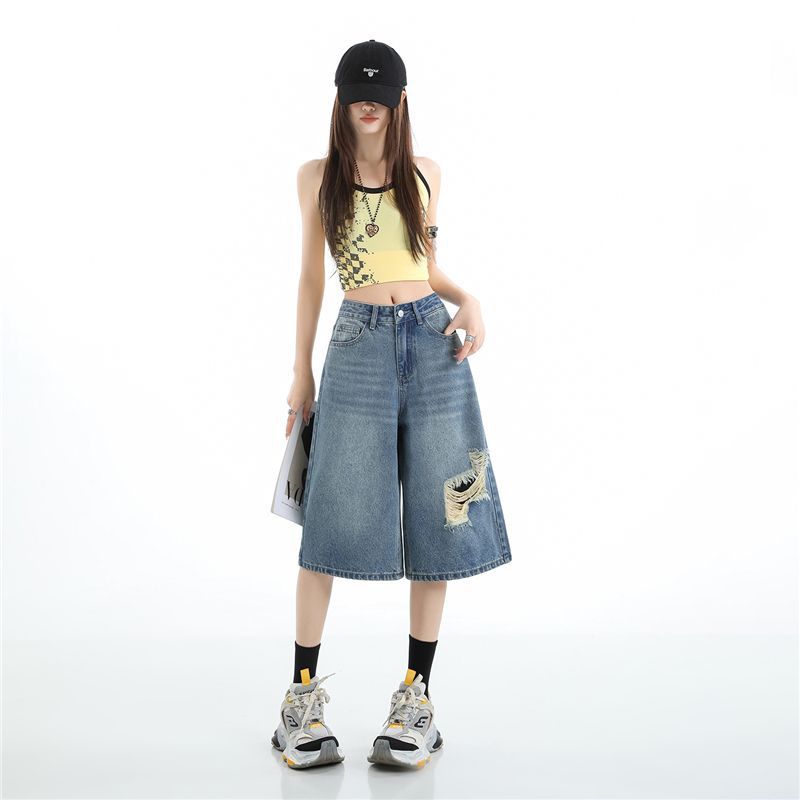Mode Sommer Zerrissen Verwaschen Dünner Stoff Weiter Bein Locker Gerade Jeans Cropped Capri-Hose Zerstört Gewaschen Vielseitig Schlankmachend Streetwear Hosen
