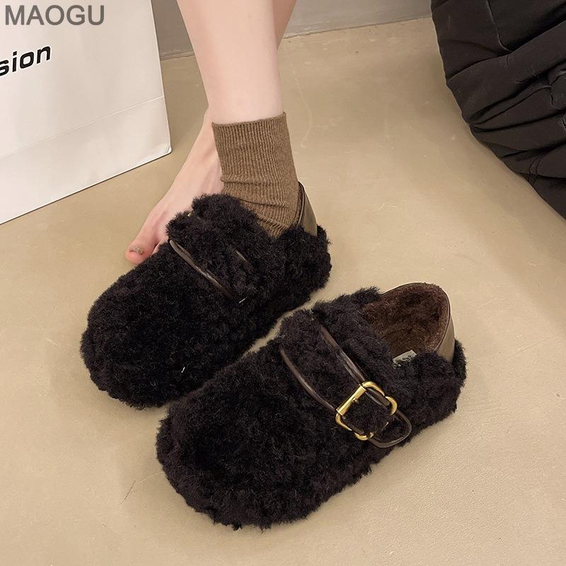 2026 Autumn Winter Plush Cotton Shoes Versatile Warm Women Belt Buckle Fashion Platform Shoes Women's Comfortable Casual Loafers