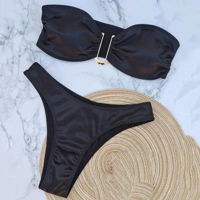 Sexy Schwarzes U-förmiges Bandeau Bikini Set für Damen Trägerlose Bademode Badeanzüge Hochgeschnittenes Badeanzug Badeanzug Bikini Mujer