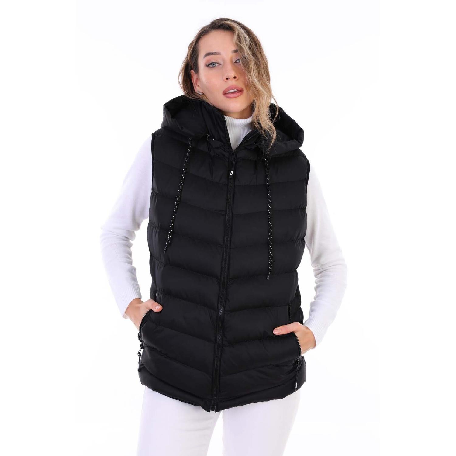 

Women s Gel Filling Zippered Hooded Daily Sports Puffer Vest S чёрный
