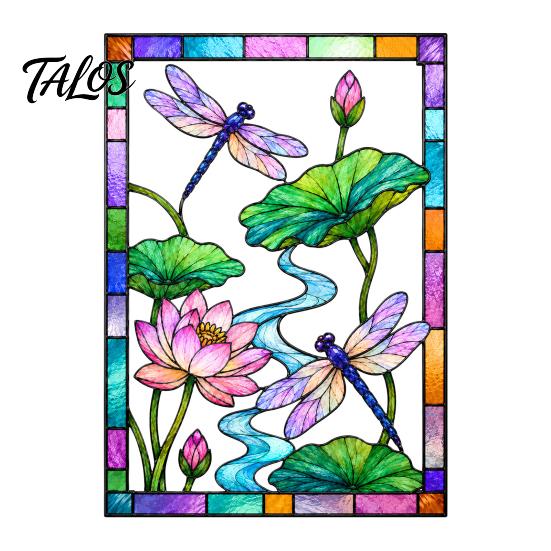 Decorative Glass Cling for Home Dragonfly Lotus Stained Style Window Cling, Rainbow Suncatcher Static Light Effect Sticker Decal, Privacy Film