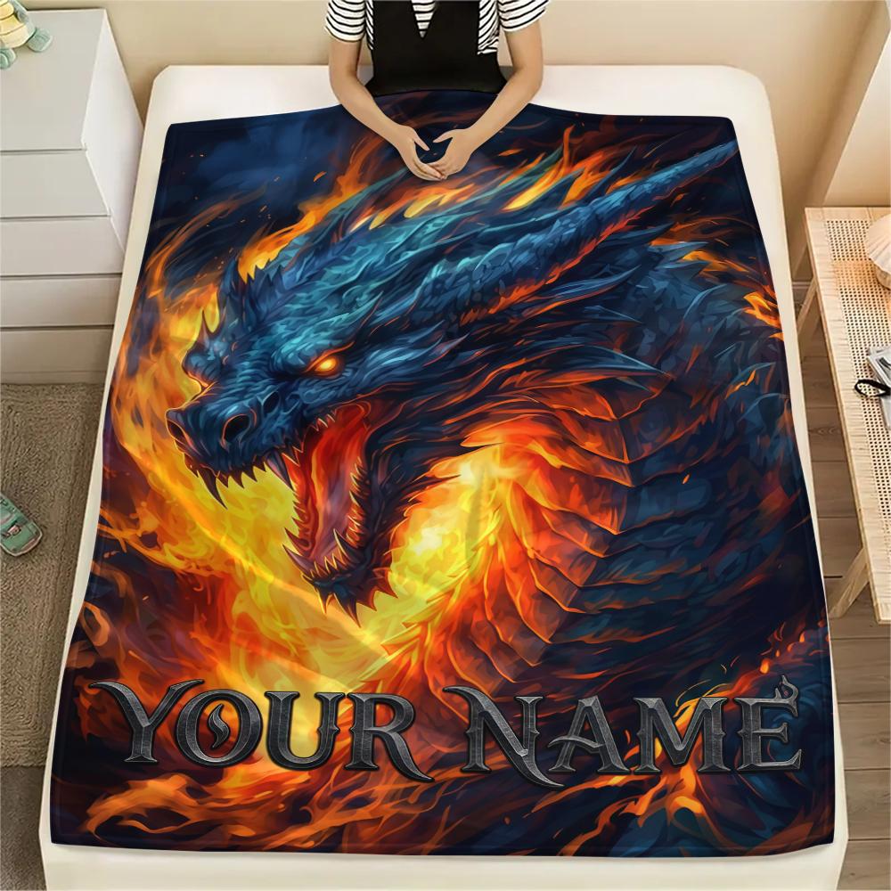1PC Custom Name Dragons Fiery Majesty Patterned Flannel Blanket Suitable For All Seasons for Home Decor Warmth and Comfort Gifts Holiday Present_lx