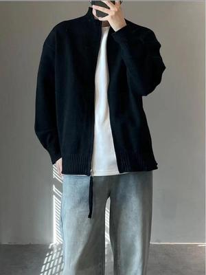 Men's Korean Style Stand Collar Zipper Knit Cardigan - Autumn/Winter Casual Loose Fit