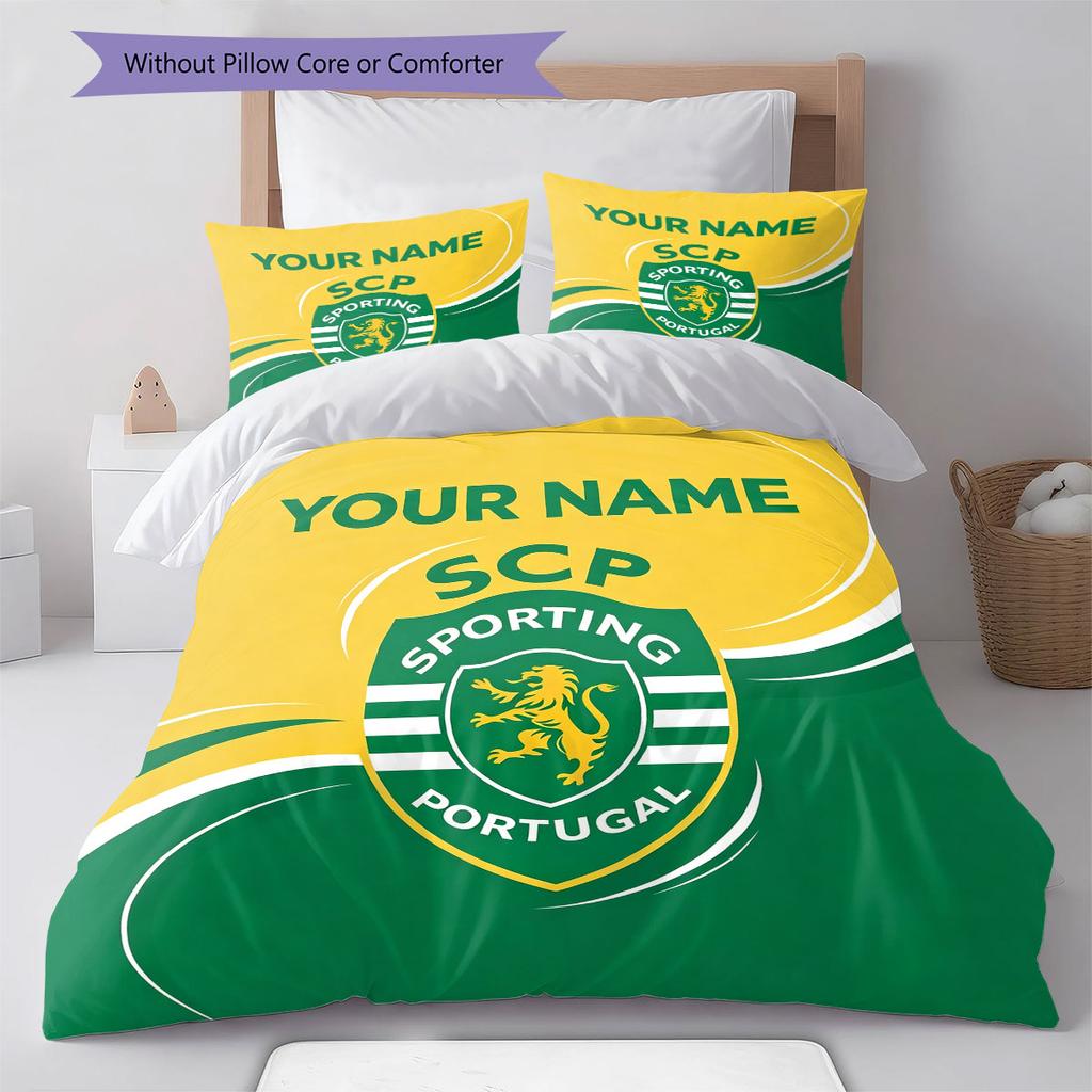 Benutzerdefinierter Name, Sporting CP Muster Bettwäsche Heimdekoration Geburtstagsgeschenk ( 1 Bettbezug + 2 Kissenbezüge, ohne Füllung),Fanartikel.