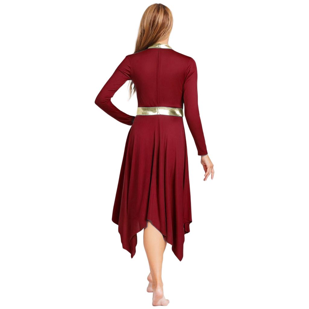 Womens Worship Dance Dress Metallic Patchwork Long Sleeve Irregular Hem Tunic Lyrical Performance Gown