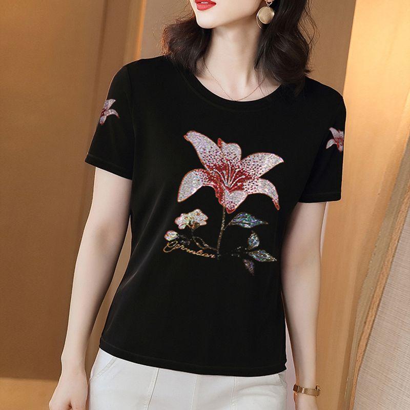 

Modal Loose Square Dance Top T-shirt with Short Sleeves Black colorful straw hat 3XL