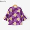 ZANZEA Blouse d'été décontractée à col rond et manches 3/4 amples à fleurs pour femmes
