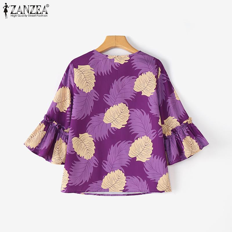 ZANZEA Blouse d'été décontractée à col rond et manches 3/4 amples à fleurs pour femmes