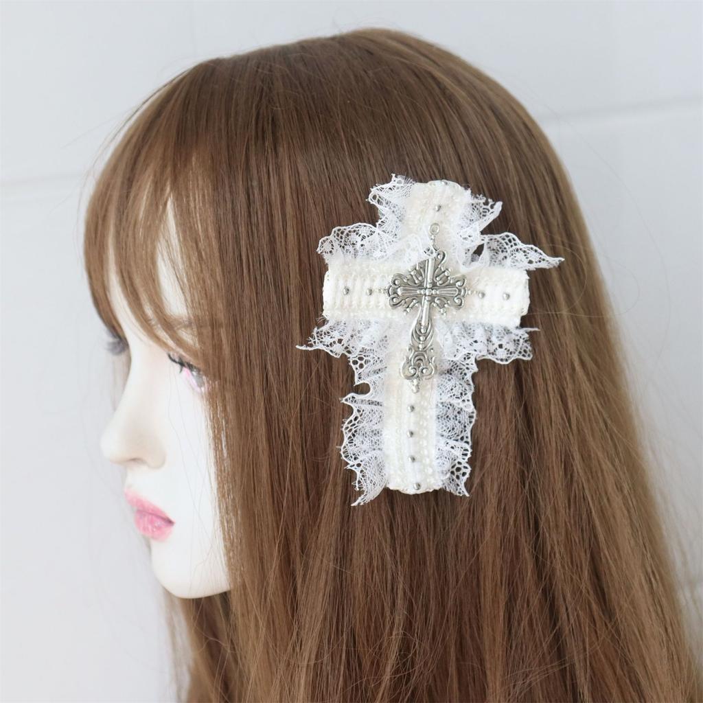 Lace Hair Clip Dark Balletcore Crosses Dark Flat Clip Halloween Hairpin Dark Elegant Hair Clip for Bunches