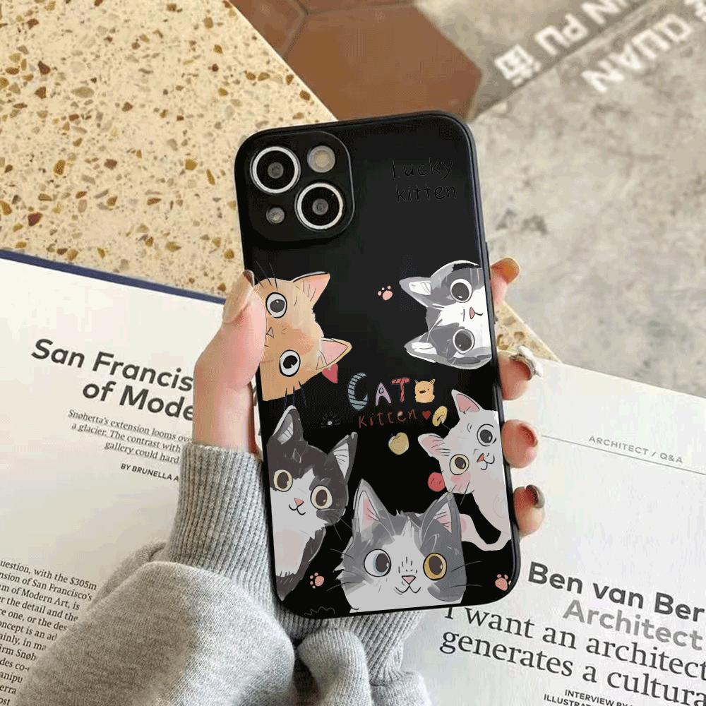 Cute Cartoon Cat Pattern Phone Case For iPhone 16 15 14 13 12 11 Pro Max Mini X XS SE 7 8 Plus 16E Shockproof Soft Cover Fundas