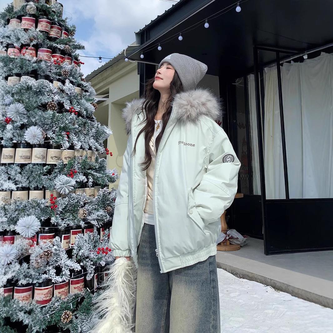 

2024 Retro American Cotton Jacket with Fur Hood - High-Quality Cool Puffy Coat for Couples Medium сірий колір