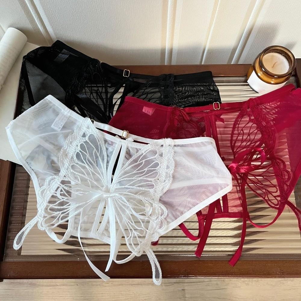 Sheer Mesh Ribbon Bow Briefs Embroidery Butterfly Panties Fashion Open Crotch Briefs Ladies Girls