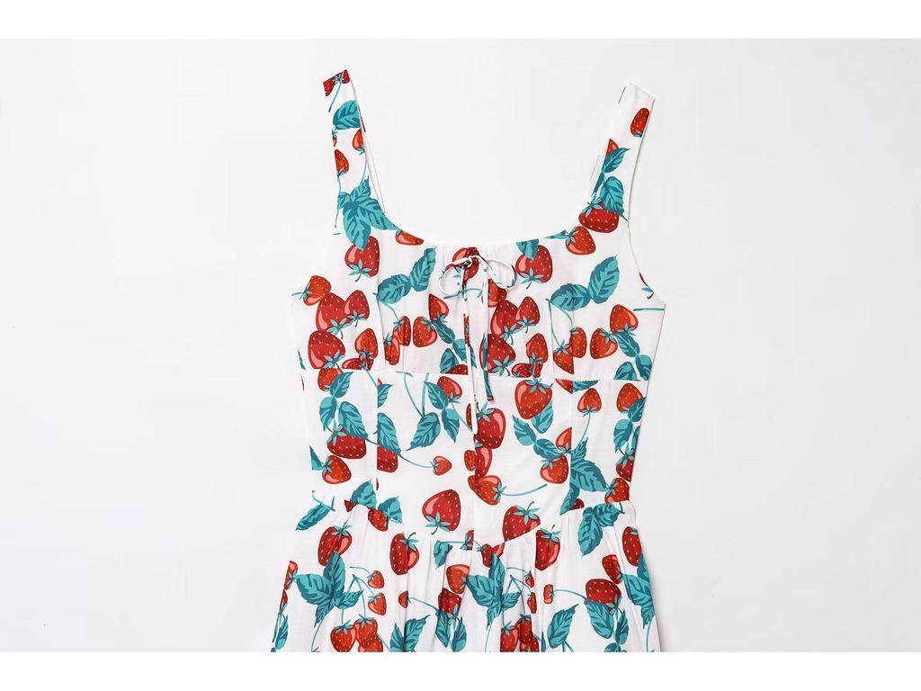 Strawberry Print Waist-Hugging French Long Dress for Women - Spring 2025 European and American Style