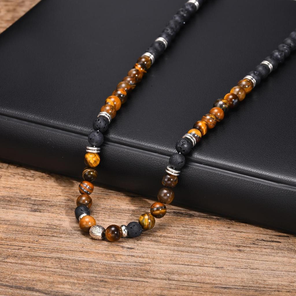 Vnox Tiger Eye Stone Beads Necklace for Men, Black Volcanic Lava Stones Beaded Collar Chokers, Classic Jewelry Gift