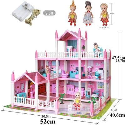 Doll House for Girls with Lights Rooms Dolls Figure Puppies Furnitures Accessories Princess Toddler Dollhouse Playhouse Gift