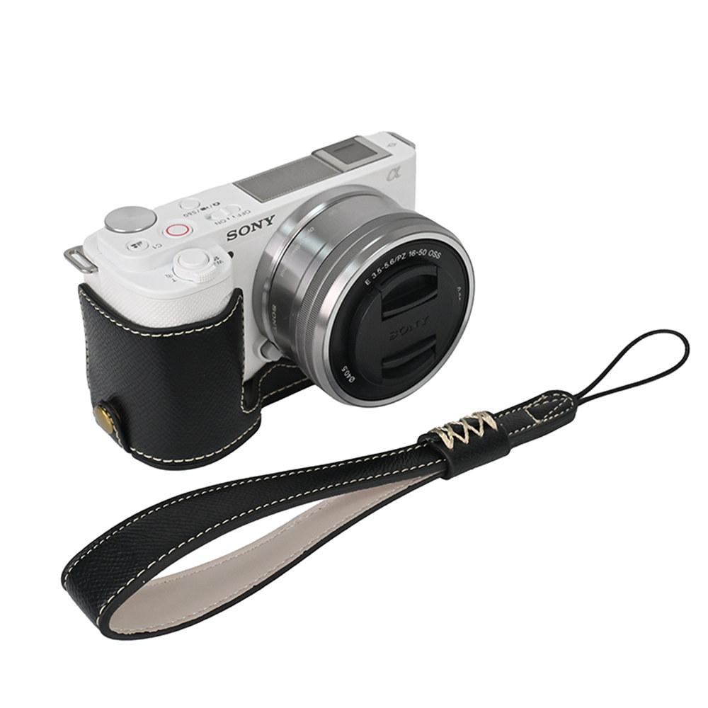 Kamera-Halbhülle aus PU-Leder mit Palmenmuster für Sony ZVE10 ZV-E10, Batterieöffnung mit Handschlaufe