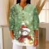 Women's Fashionable Button Collar Long-sleeved Christmas Print Pullover Top