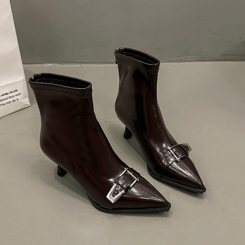 

Fashion Winter New Thin Heel Cotton Boots Women s Pointed Metal Buckle Back Zipper Anti-slip Wear-resistant Short Boots 40