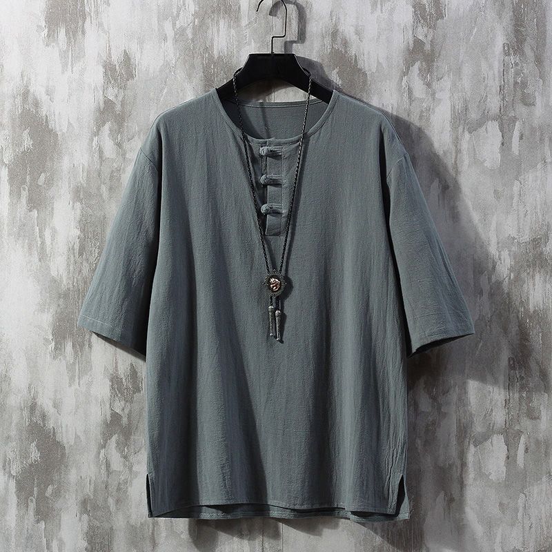 Lockeres kurzärmeliges T-Shirt aus Leinen-Baumwolle Herren Sommer Dünner Stil Traditioneller Chinesischer Kragen Körpernah Trendige Marke Tang Kostüm