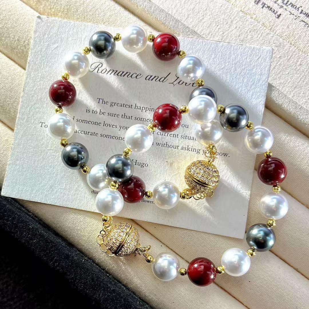 

10Mm Vintage High Quality Tahitian Black Grey Ankara Red Artificial Crystal Pearl Bracelet Bracelet