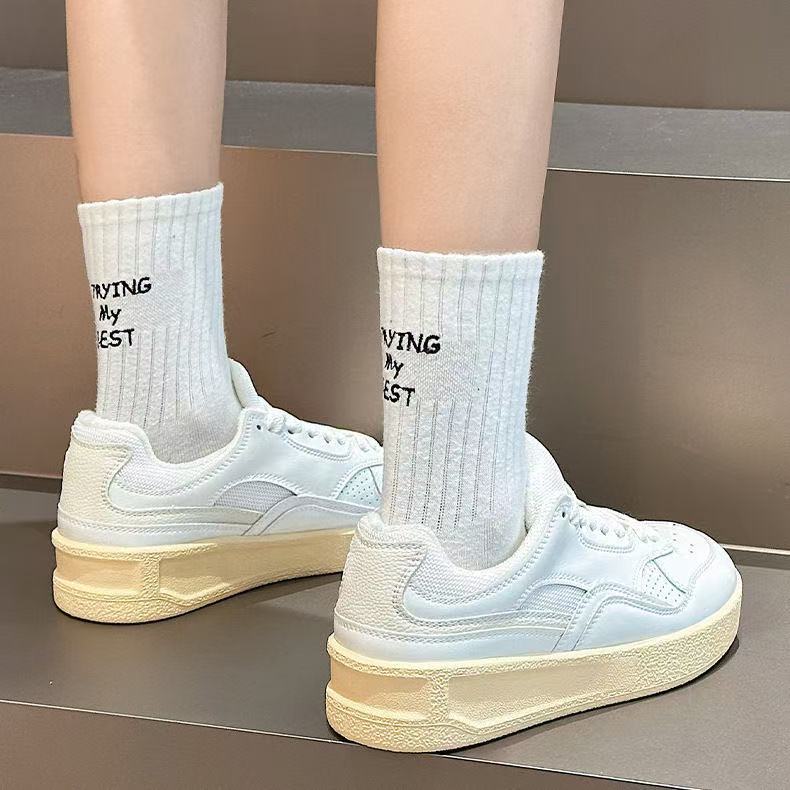 Soft leather small inner height increase thick-soled retro casual flat-bottomed sports board shoes
