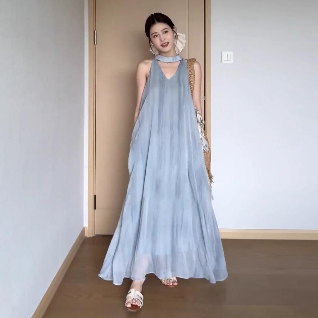 French Blue Neck Sling Dress Children's Summer New Seaside Vacation Sleeveless Temperament Long Dress
