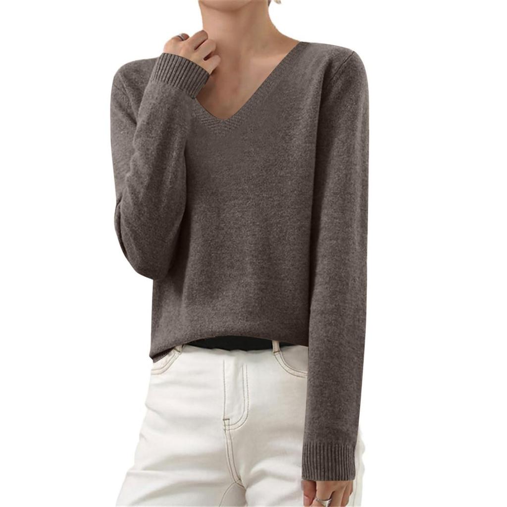 Women's Autumn And Winter Fashion Long-sleeved Basic V-neck Loose Pullover Sweater Top