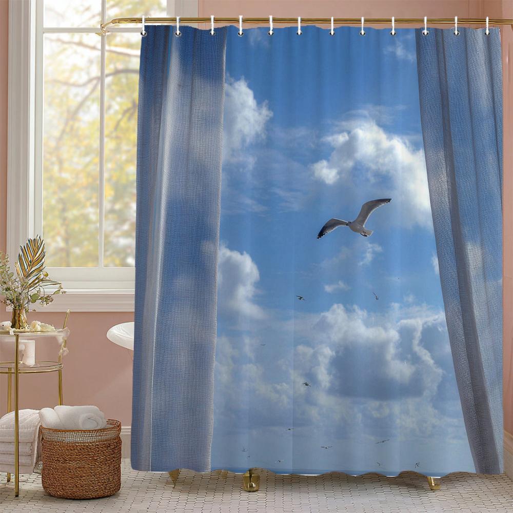 Sunny Blue Sky Scenery Shower Curtain, Bathroom Decorative Shower Curtain, Waterproof Shower Curtain With Hooks