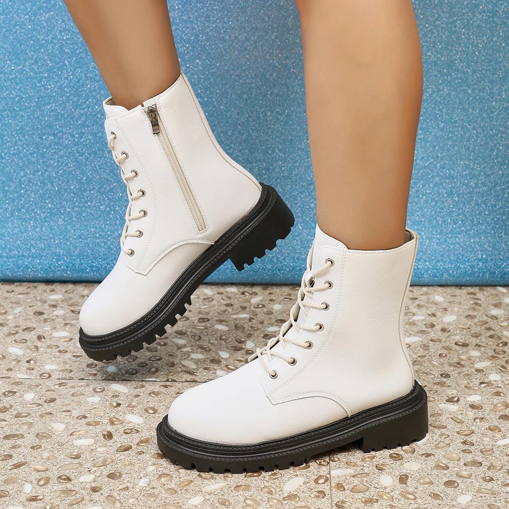 Autumn New Mid Length Boots Black Anti Slip Trendy Footwear Fashion Laceup Boots Ladies Thick Heeled Casual Shoes Botas