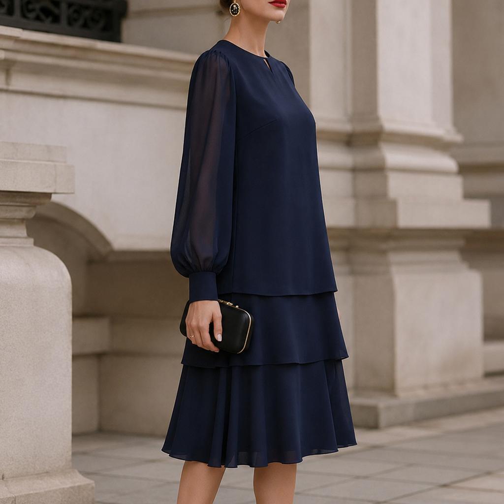 Women's Puff Sleeve Round Neck Dress for Elegant Casual Wear