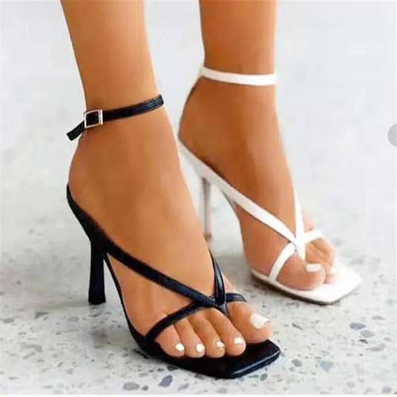 Fashion 2024 Women Summer Pumps Sandals High Heels 9CM Shoes Flip Flops Ankle Strap Sexy Square Toe Sliod Buckle Party Sandals