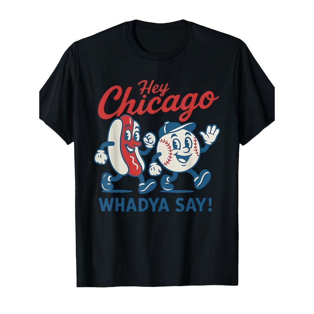 Chicago Baseball Hot Dog Graphic T-Shirt Retro Style Casual Tee for Men
