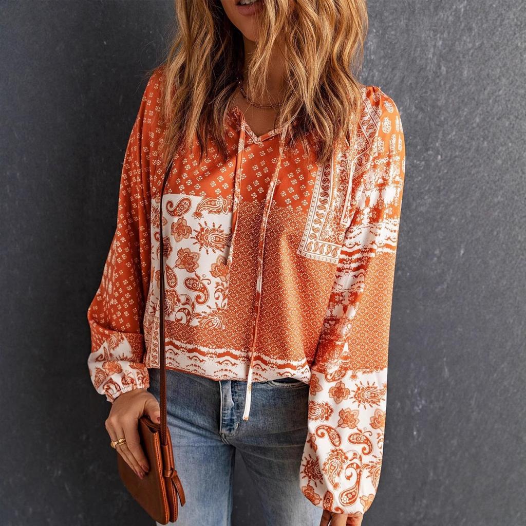 Women V Neck Casual Long Sleeve Floral Print Blouse Loose Fit Lightweight Pullover Top for Everyday Wear